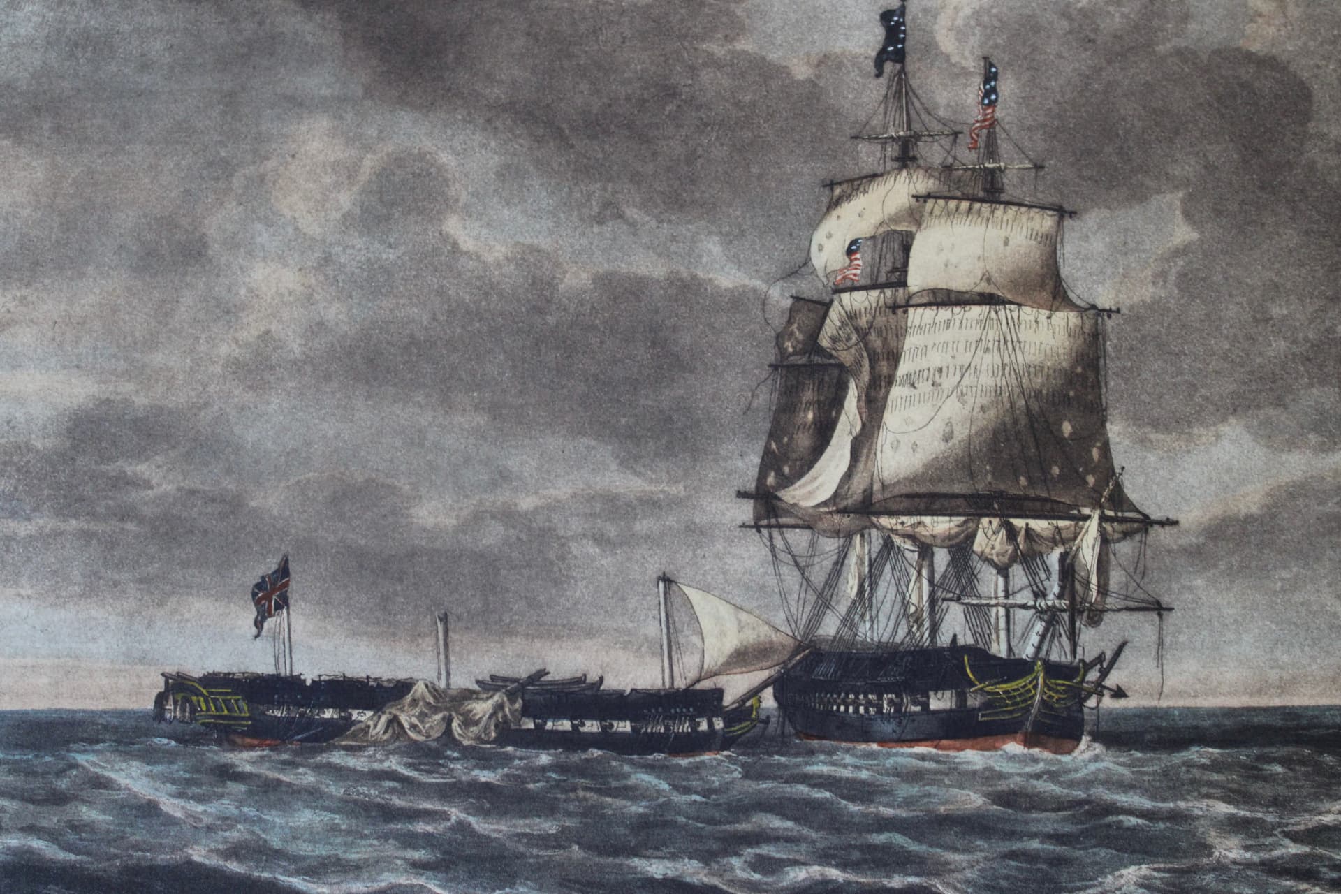 Detail of the dismasted Java and the Constitution under sail